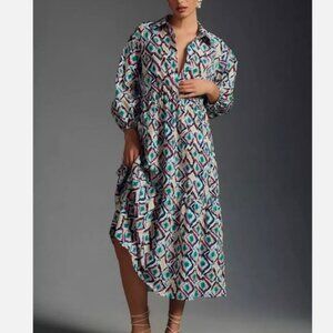 Maeve Anthropologie Bettina Dress Ikat Tiered Midi Balloon Sleeves XXSmall
